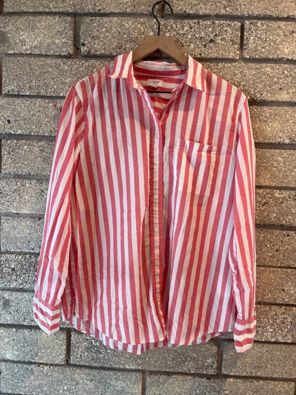 Red & White Striped J.Crew Button-Down Shirt Long Sleeve Size M 100% Cotton Casu